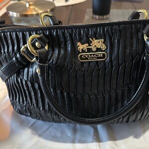 Coach Black Gathered Leather Shoulder Bag with Gold Accents